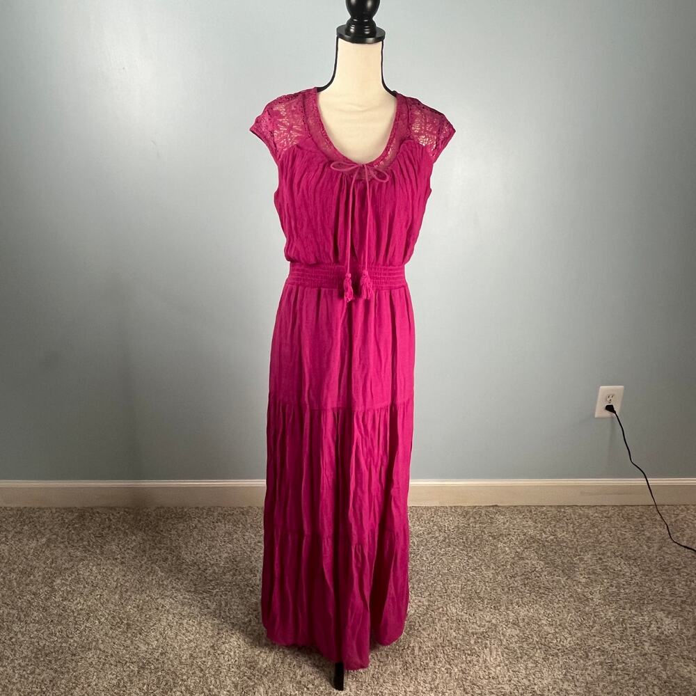 Boho Fuchsia Maxi Dress Crochet Lace Smocked Waist Tassel Tie Festival size M